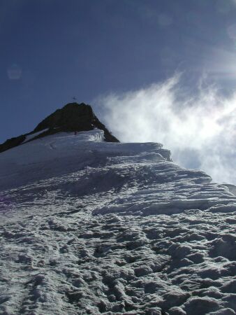 Die letzten Meter ber den Firngrat und die Gipfelfelsen auf den hchsten Punkt. 